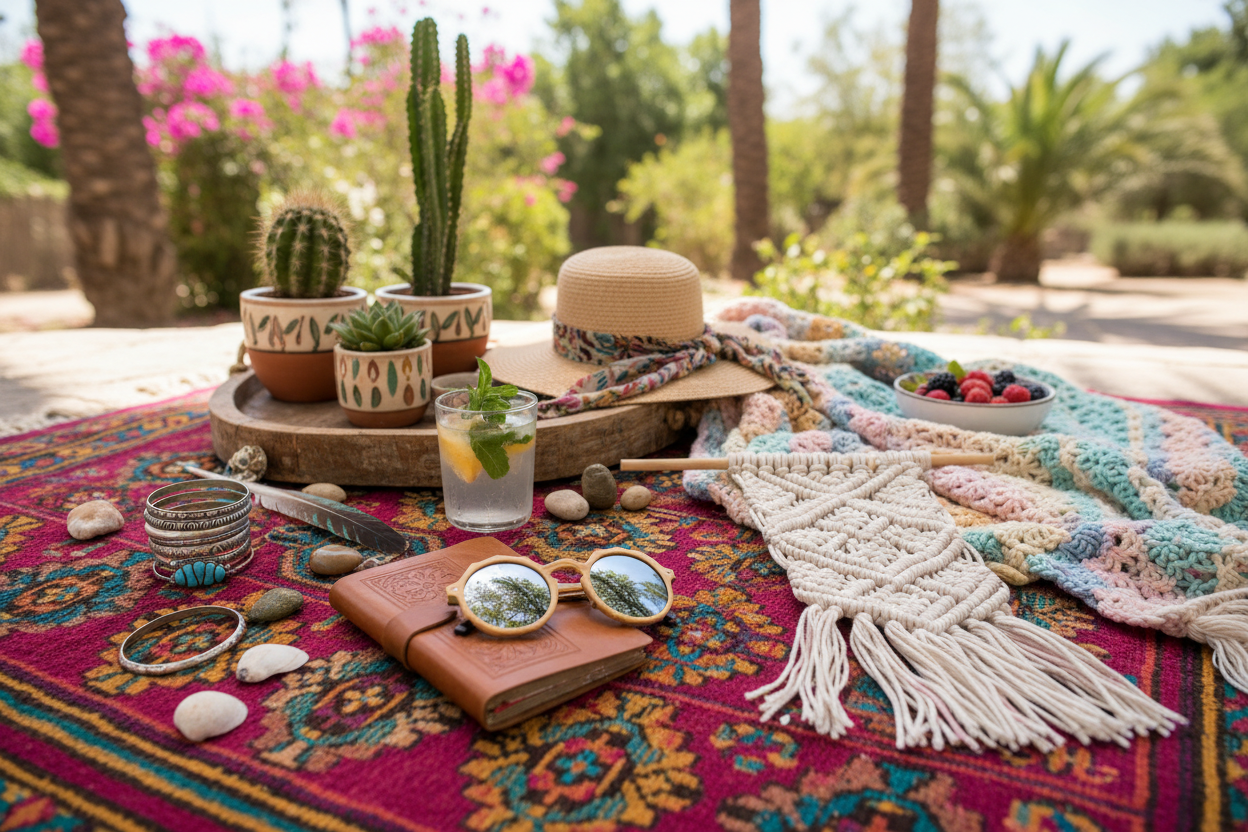 A colorful bohemian lifestyle scene with mixed accessories on a vibrant surface. Bright natural light, relaxed summer mood.