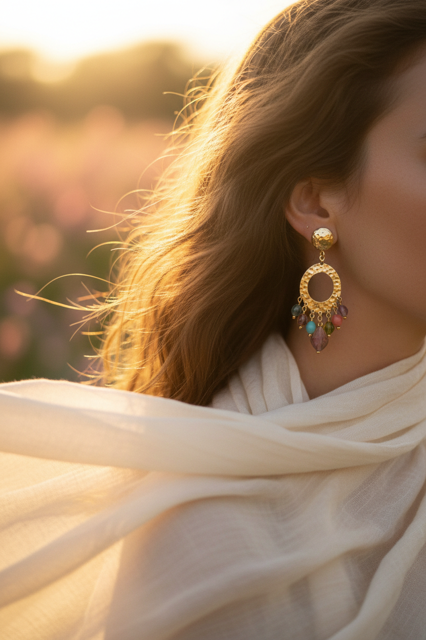Bohemian earrings with gold and subtle color accents worn in sunlight. Light fabric, soft breeze, blurred colorful background.