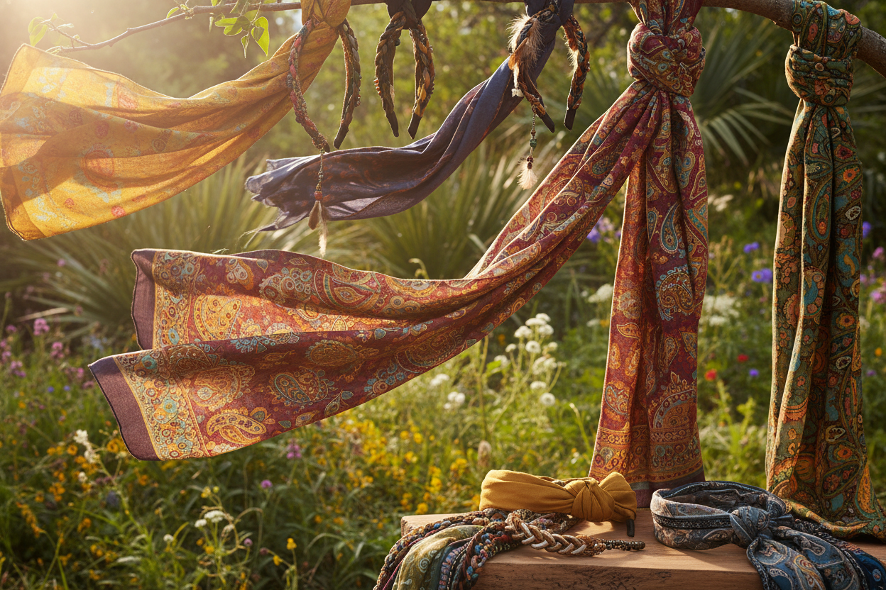 Bohemian headbands and scarves in colorful patterns. Natural light, soft fabric movement, bright and warm outdoor setting.