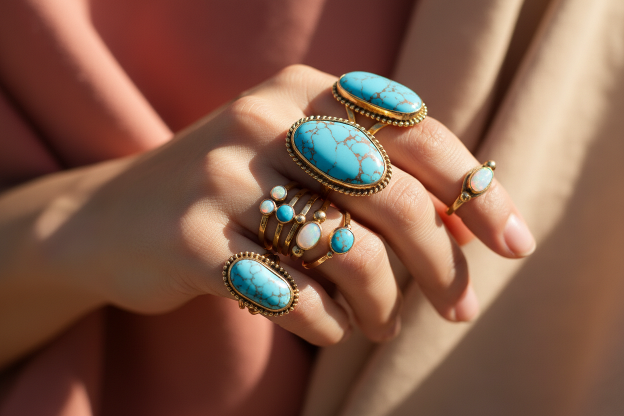 Bohemian rings with gold and turquoise accents on hands. Natural sunlight, soft coral or beige fabric, clean and vibrant feel.