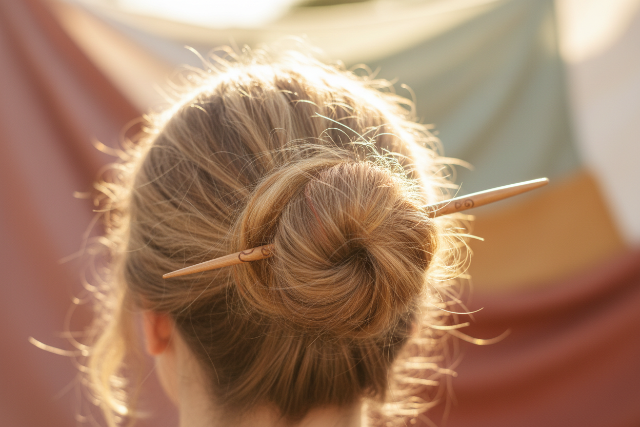 Close-up of a loose bun secured with a minimal hair stick. Bright sunlight, soft colorful fabric tones, focus on hair and accessory.