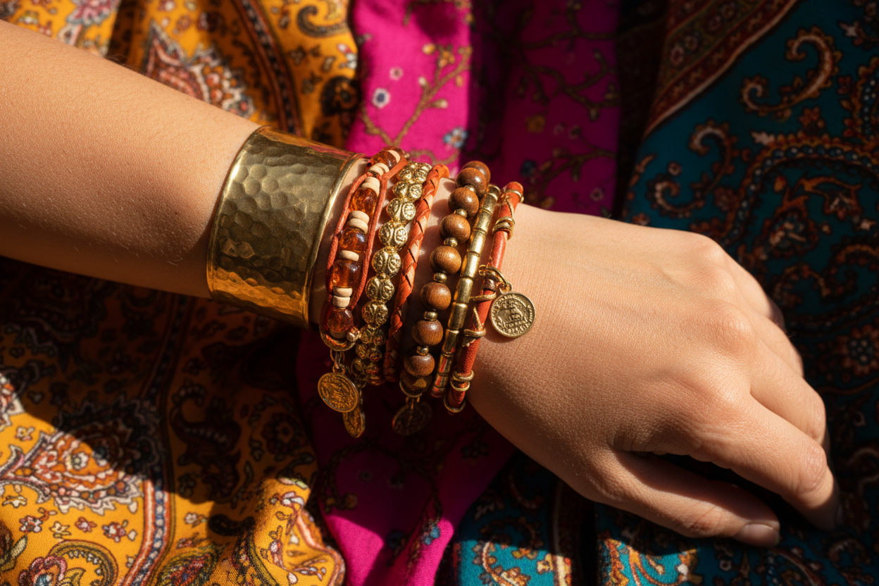 Stacked bracelets and arm cuffs with gold and earthy tones. Bright sunlight, colorful fabrics, warm and vibrant mood. 4:5 ratio.