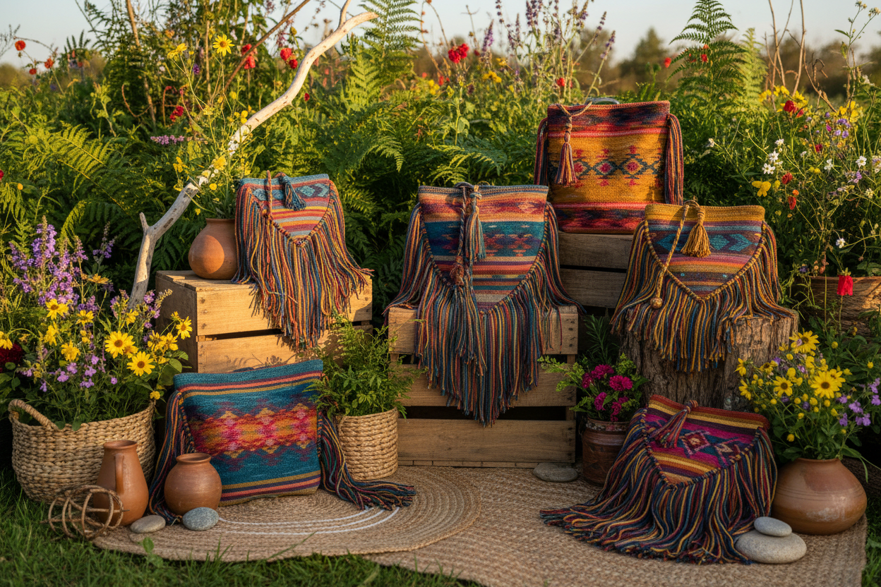 Woven and fringe bohemian bags in a colorful outdoor setting. Bright sunlight, natural textures, warm vibrant tones
