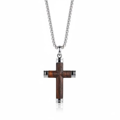 Cross Necklace for Men Vintage Wooden Cross Necklaces Wood Crucifix Pendant Christian Jewelry Gift for Men - color: Silver Surround