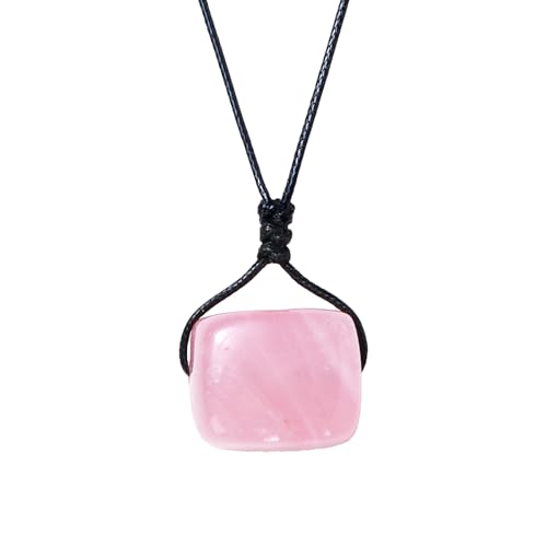Runyangshi Rose Quartz Natural Healing Crystal Square Pendant Tumbled Polished Stones Necklace Meditation Reiki Energy Amulet Bohemia for Men Women Valentine's Day Gift - color: Rose Quartz