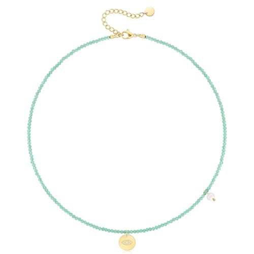 KissYan Beaded Choker Necklace for Women, Colorful Natural Gemstones Pearl Choker 14K Gold Plated Pendant Healing Crystal Necklace Handmade Stone Jewelry Gift - color: E-Evil Eye