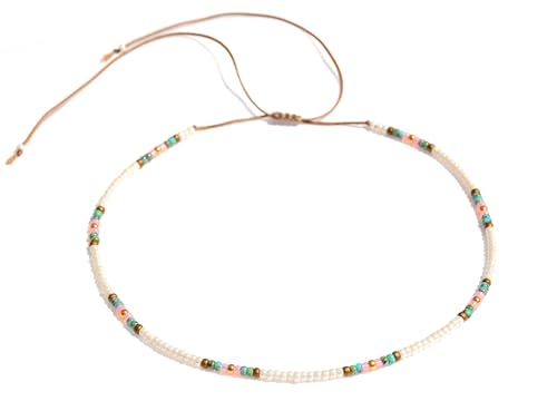 Beaded Choker Necklace for women and Teen Girls, Boho Bohemian Adjustable Colorful Seed Beads Necklace, Handmade Native American Style Jewelry by TRIBES - color: Pearl, Turquoise, Pink, style: Single Necklace