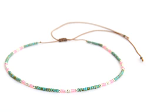 Beaded Choker Necklace for women and Teen Girls, Boho Bohemian Adjustable Colorful Seed Beads Necklace, Handmade Native American Style Jewelry by TRIBES - color: Turquoise & Pink, style: Single Necklace