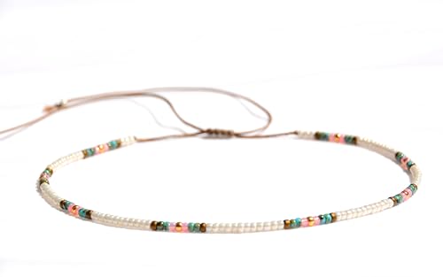 Beaded Choker Necklace for women and Teen Girls, Boho Bohemian Adjustable Colorful Seed Beads Necklace, Handmade Native American Style Jewelry by TRIBES - color: Pearl, Turquoise, Pink, style: Single Necklace