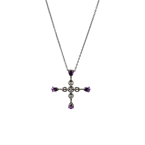Gothic Black Cross Necklace for Men Women, Purple Teardrop Cubic Zirconia Pendant, Vintage Y2K Dark Aesthetic Jewelry, Unique Easter Gifts