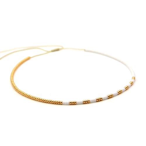 Beaded Choker Necklace for women and Teen Girls, Boho Bohemian Adjustable Colorful Seed Beads Necklace, Handmade Native American Style Jewelry by TRIBES - color: White & Gold, style: Single Necklace