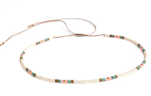 Beaded Choker Necklace for women and Teen Girls, Boho Bohemian Adjustable Colorful Seed Beads Necklace, Handmade Native American Style Jewelry by TRIBES - color: Pearl, Turquoise, Pink, style: Single Necklace