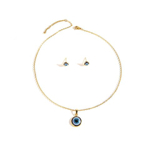 Women's evil eye necklace, earrings 14K gold-plated exquisite necklace blue and white zircon diamond pendant necklace cute bohemian style mini evil eye lucky amulet jewelry (Gold colour, Necklaces and earrings)
