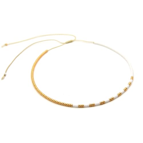 Beaded Choker Necklace for women and Teen Girls, Boho Bohemian Adjustable Colorful Seed Beads Necklace, Handmade Native American Style Jewelry by TRIBES - color: White & Gold, style: Single Necklace