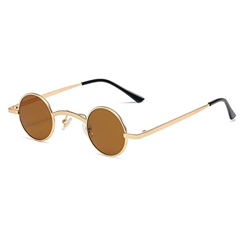 mincl/punk Small Chic Fashion Vintage Round Sunglasses Metal Frame - color: Gold&brown
