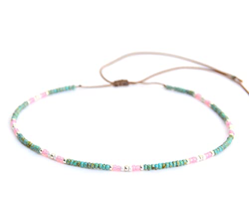 Beaded Choker Necklace for women and Teen Girls, Boho Bohemian Adjustable Colorful Seed Beads Necklace, Handmade Native American Style Jewelry by TRIBES - color: Turquoise & Pink, style: Single Necklace