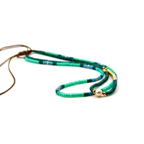 Beaded Choker Necklace for women and Teen Girls, Boho Bohemian Adjustable Colorful Seed Beads Necklace, Handmade Native American Style Jewelry by TRIBES - color: Turquoise-Green, style: Set of 2 Necklaces