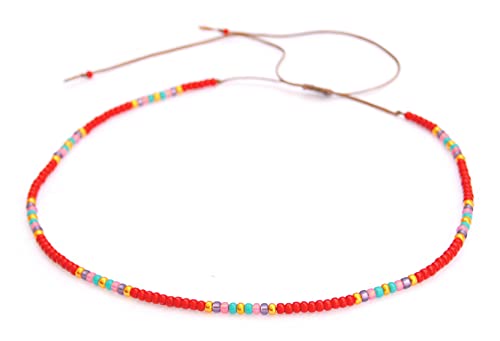 Beaded Choker Necklace for women and Teen Girls, Boho Bohemian Adjustable Colorful Seed Beads Necklace, Handmade Native American Style Jewelry by TRIBES - color: Burgundy Multicolor, style: Single Necklace
