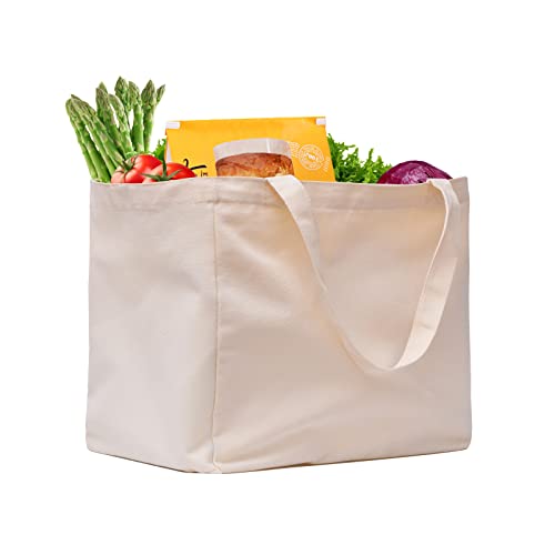 Canvas Reusable Grocery Bags Heavy Duty, 8.3 gal Foldable Large Tote Bag with Handles, Holds 60 lbs & Washable Eco-friendly Bags with 5 Pockets, Off white 1 Bags - color: [A2] Off White, size: 1 Pack