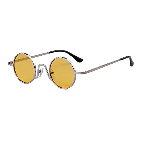 SORVINO Retro Small Round Sunglasses for Men Women Vintage Style Metal Frame - color: Silver Frame/Yellow Lens
