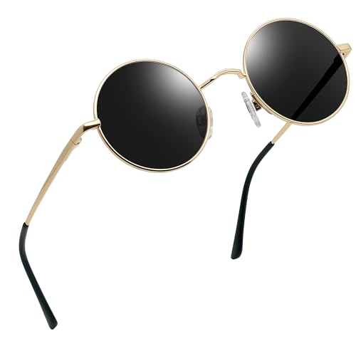 Joopin Retro Small Round Sunglasses Hippie Circle Sun Glasses Polarized UV400 Protection Metal Shades for Men Women - color: A03-golden Frame Black Lens