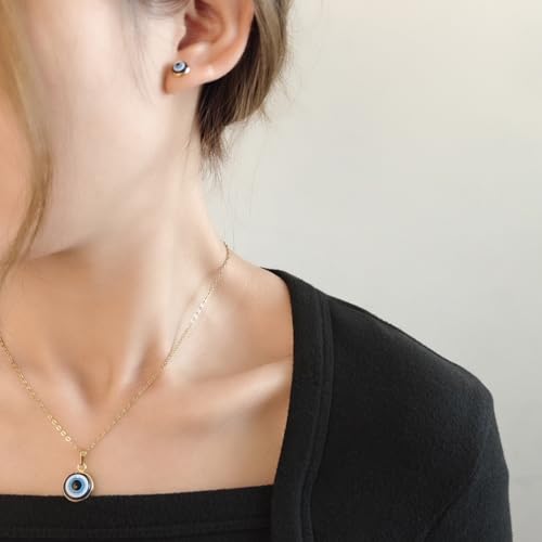 Women's evil eye necklace, earrings 14K gold-plated exquisite necklace blue and white zircon diamond pendant necklace cute bohemian style mini evil eye lucky amulet jewelry (Gold colour, Necklaces and earrings)