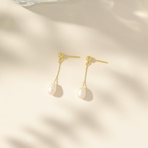 Hayopi Pearl Earrings for Women - Dainty Gold Dangle Drop Earrings, 14k Gold Plated Cute Bow Design, Hypoallergenic Pearl Studs, Wedding Jewelry Gifts - color: GOLD-short dangle pearl earrings
