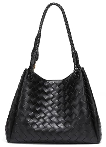 2 Pcs Slouchy PU Leather Woven Bucket Hobo Bags Women Underarm Shoulder Crossbody Purse Top-handle Tote Handbag 2025 - color: Black