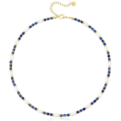 KissYan Beaded Choker Necklace for Women, Colorful Natural Gemstones Pearl Choker 14K Gold Plated Pendant Healing Crystal Necklace Handmade Stone Jewelry Gift - color: Q-Lapis lazuli