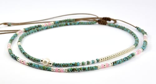 Beaded Choker Necklace for women and Teen Girls, Boho Bohemian Adjustable Colorful Seed Beads Necklace, Handmade Native American Style Jewelry by TRIBES - color: Turquoise & Pink, style: Set of 2 Necklaces