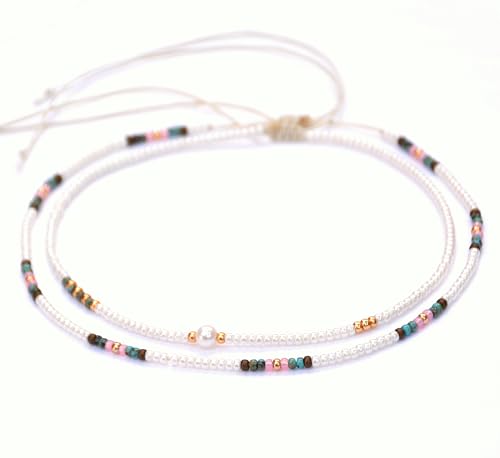 Beaded Choker Necklace for women and Teen Girls, Boho Bohemian Adjustable Colorful Seed Beads Necklace, Handmade Native American Style Jewelry by TRIBES - color: Pearl, Turquoise, Pink, style: Set of 2 Necklaces