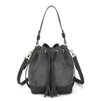 AFKOMST Faux Suede Bucket Bags and Drawstring Crossbody Purse for Women Medium Tote Handbags with 2 Shouder Straps | Fit Pad mini, Long Wallet, Removable Long Strap - color: Grey