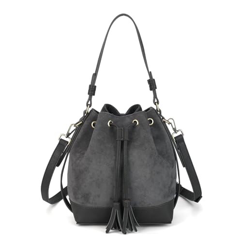 AFKOMST Faux Suede Bucket Bags and Drawstring Crossbody Purse for Women Medium Tote Handbags with 2 Shouder Straps | Fit Pad mini, Long Wallet, Removable Long Strap - color: Grey