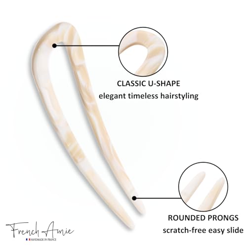 French Amie Ivory White Cream Handmade Large Cellulose Acetate Chignon Bun Holder U Hair Pin Stick (Ivory white cream) - color: Pearl Ivory