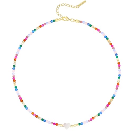 KissYan Beaded Choker Necklace for Women, Colorful Natural Gemstones Pearl Choker 14K Gold Plated Pendant Healing Crystal Necklace Handmade Stone Jewelry Gift - color: N-Colorful Shell