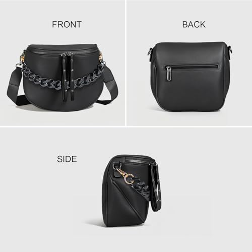 Crossbody Bags for Women, Large Vegan Leather Trendy Bum Bag - color: Black+glossy Black Chain