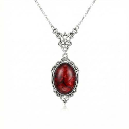 Gothic Vintage Gem Pendant Necklace | Victorian Style Filigree Silver-Tone Jewelry | Ideal Gift for Party Cosplay & Daily Wear - color: Red with Rose