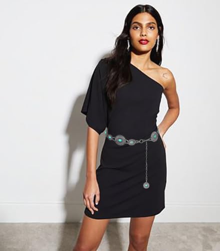 Women's Concho Chain Belt Western Cowgirl Metal Waist Chain Belt for Dress - color: E Turquoise Silver, size: L: 53.1 in