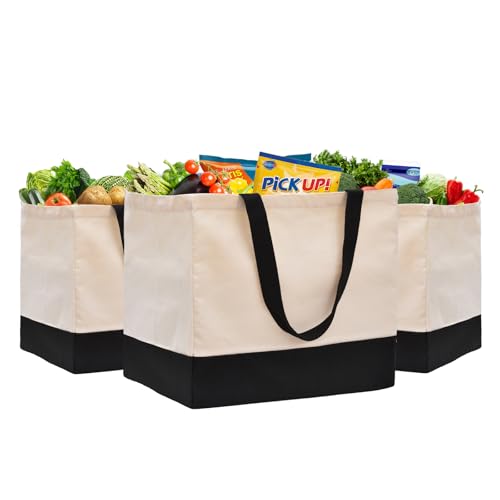 3 Pack Canvas Reusable Grocery Bags Heavy Duty, 8.3 gal Foldable Large Canvas Tote Bag with Handles, Holds 60 lbs Canvas Shopping Bags & Washable Eco-friendly Bags with 5 Pockets, Off white Black - color: [A0] Off White / Black, size: 3 Pack
