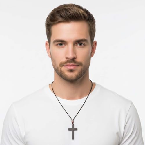 Cross Necklace for Men Vintage Wooden Cross Necklaces Wood Crucifix Pendant Christian Jewelry Gift for Men - color: Black