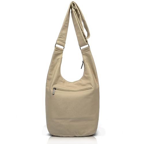 Coton Pose Women Hippie Crossbody Bag - Top Zip Large Capacity Canvas Sling Bag - Jacquard Cloth Handmade - color: Tan Beige