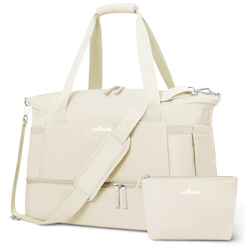 ETRONIK Gym Bag for Women, Personal Item Travel Bag with Shoes Compartment, Weekender Overnight Duffel Bag with Wet Pocket, Carry On Bag for Women, Travel, Gym, Weekend (Beige) - color: Beige, size: Medium