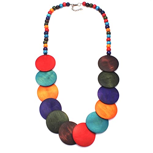 COLORFUL BLING Natural Chunky Wooden Beads Statement Necklace Boho African Tribal Collar Choker Bib Necklace Hippie Vacation Jewelry for Unisex Men Women - color: colorful