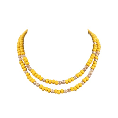 COLORFUL BLING Layered Boho Wood Beaded Choker Necklace Vintage Natural Wooden Bead Collar Necklace for Women Handmade Tribal Bohemian Jewelry - color: Yellow