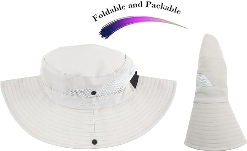 Womens Summer Sun Hat Beach Hat Wide Brim Outdoor UV Protection Hat Packable Mesh Bucket Hat with Ponytail Hole - color: Solid Beige