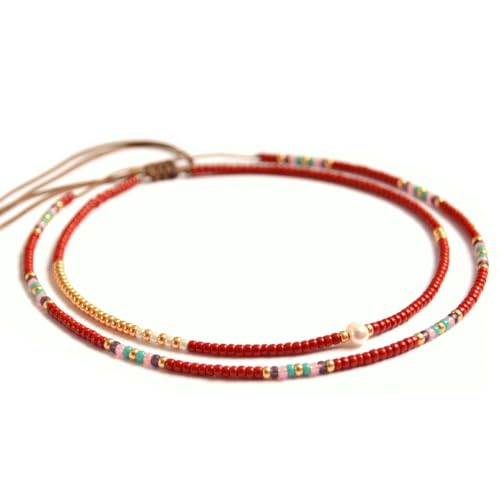 Beaded Choker Necklace for women and Teen Girls, Boho Bohemian Adjustable Colorful Seed Beads Necklace, Handmade Native American Style Jewelry by TRIBES - color: Burgundy Multicolor, style: Set of 2 Necklaces