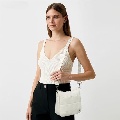 Anti Theft Crossbody Bags for Women,Quilted Puffer Travel Purses Shoulder Hobo Bag Handbag with Guitar Strap - color: Beige