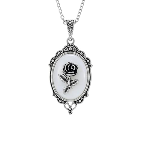 Gothic Vintage Gem Pendant Necklace | Victorian Style Filigree Silver-Tone Jewelry | Ideal Gift for Party Cosplay & Daily Wear - color: White Rose