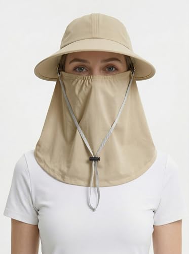 Outdoor Wide Brim Sun Hat Visor for Women, Detachable Face & Neck Cover, Hiking Gardening UPF 50+, Ponytail Friendly - color: Light Khaki