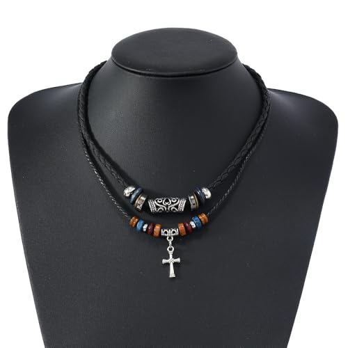 ONLYJUMP Bohemian Double Layers Leather Necklace for Men Women Vintage Boho Tribal Ethnic Wood Beads Braided Adjustable Hipppie Cross Hemp Cords Pendant Charm Choker Jewelry - color: Cross
